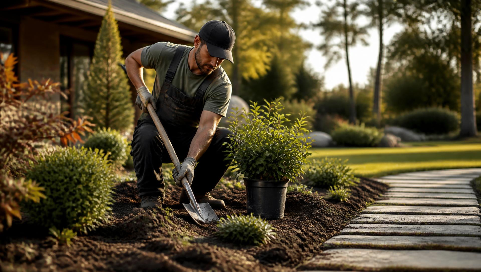 Paisajista plantando arbustos con una pala Rayün en un jardín